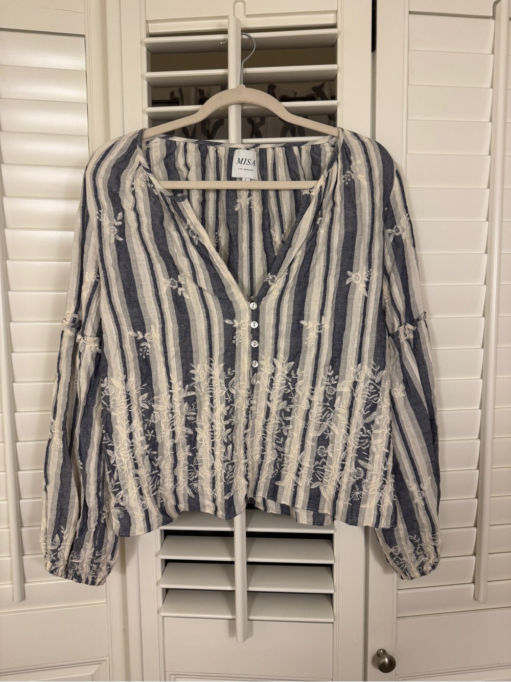 Misa Los Angeles Blue and White Striped Embroidered Peasant Top